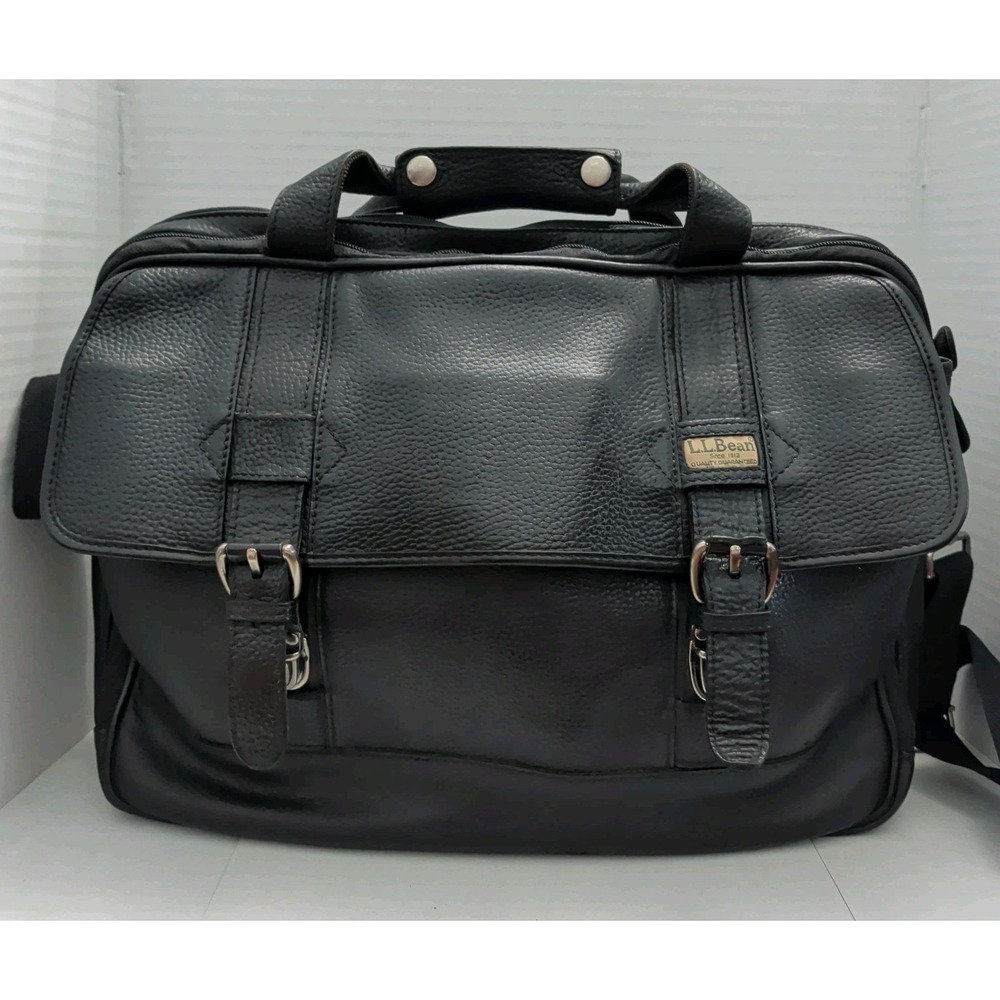Vtg L.L. Bean Black Pebbled Leather Messenger Bag Satchel Casual Travel Laptop